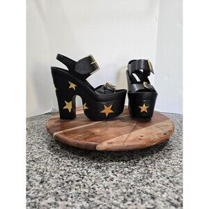 Stella McCartney Womens Chrome Star Buckle Platform Sandals Black Gold 38